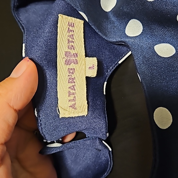 Altar'd State blue polkadot dress with circular back opening amf high neckline - Picture 3 of 7